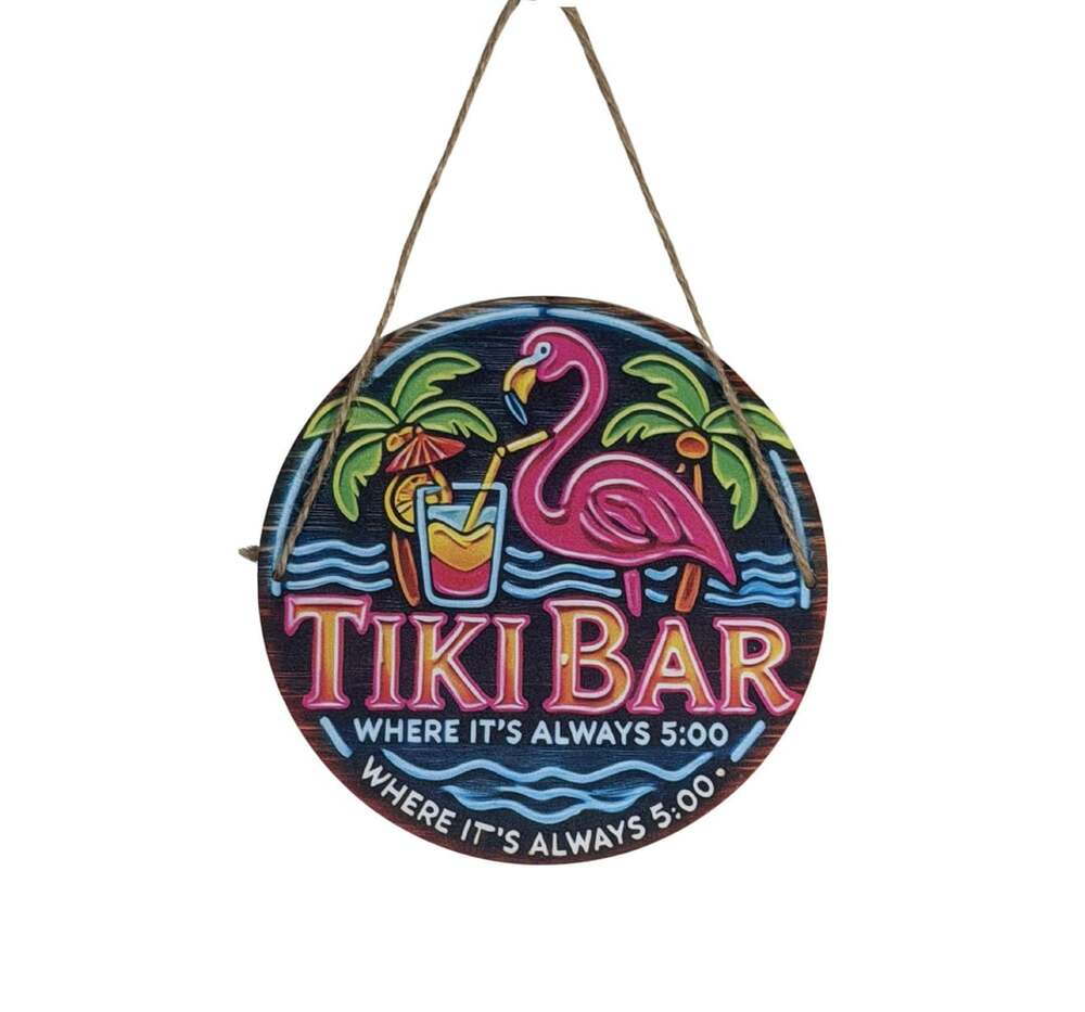 Tiki Bar Where It's Always 5:00 Tropical Flamingo Round Wooden Wall Sign 6”
